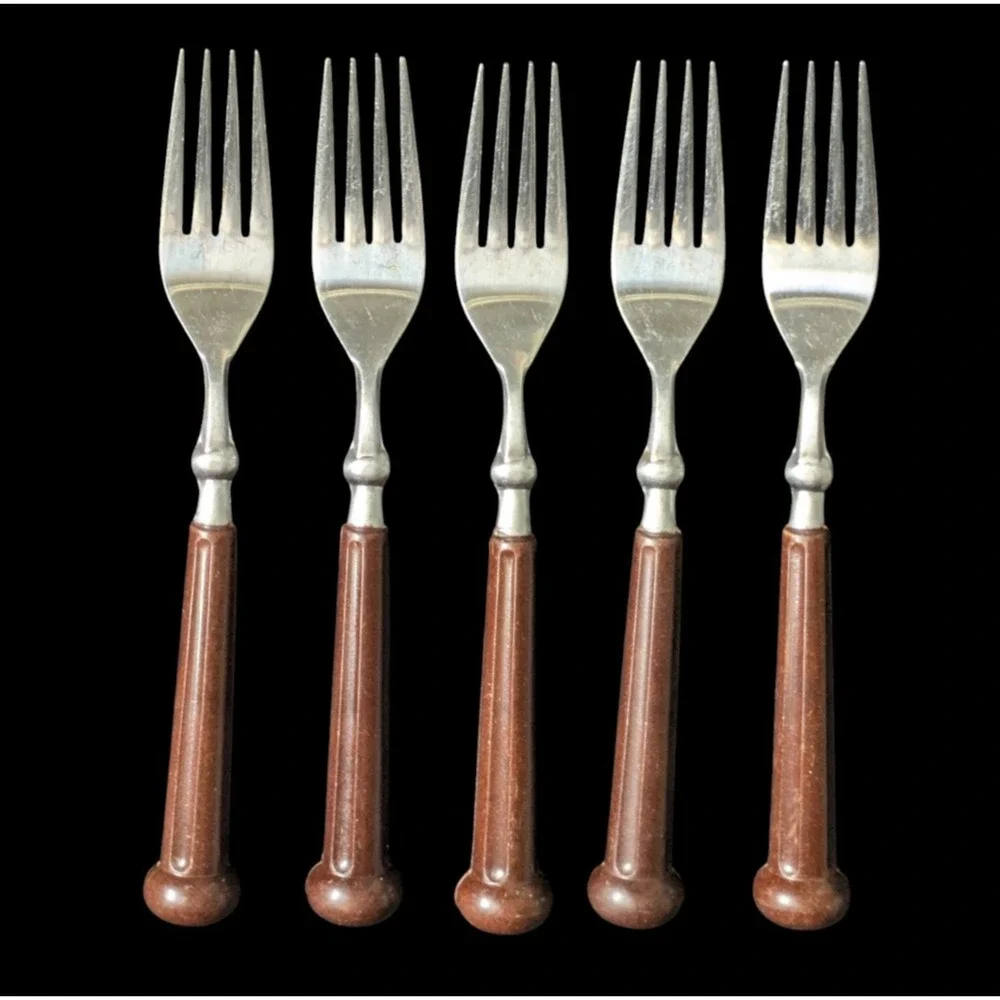 Vintage Oxford Hall Stainless Forks Japan Brown Plastic Handle 5 Pieces 1973 MCM